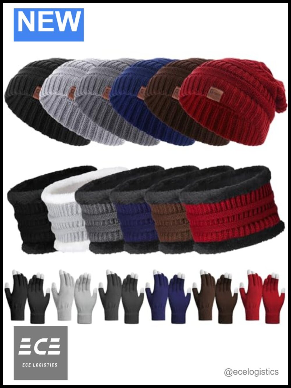 6 Set Fleece Lined Knit Winter Hat Scarf Touch Screen Gloves